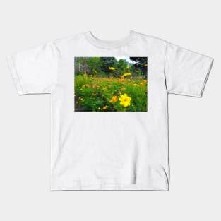 cosmos, yellow, floral, flower, cosmos flower, cosmos flowers, botanical, nature, flowers, garden, yellow cosmos, daisy, yellow flower, natural, wildflowers Kids T-Shirt